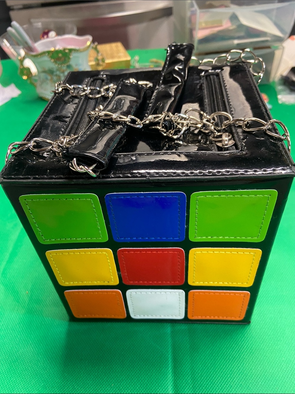 Black Patent Rubics Cube Crossbody Bag with Color Block Panels